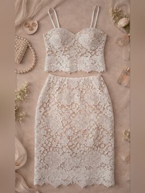 Sans Souci White Floral Lace Two Piece Set Small Nude Lined Midi Skirt Coquette